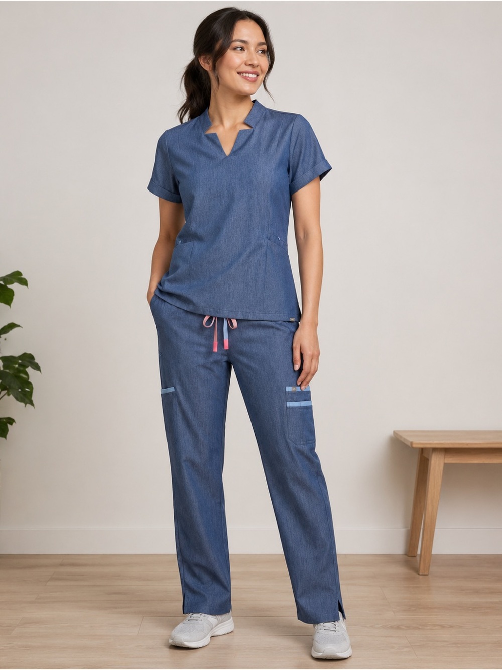 FIGS Scrub Top Large Heather Denim Blue Notch Neck Technical Collection